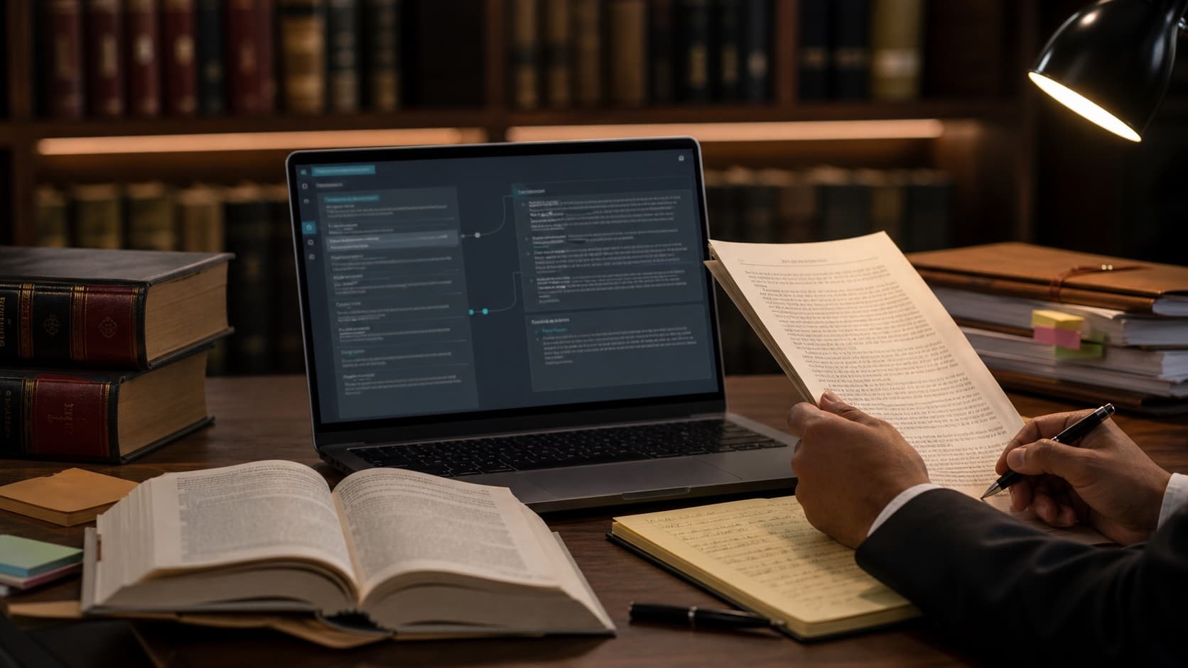 A lawyer reviewing judgments beside a digital legal research workspace